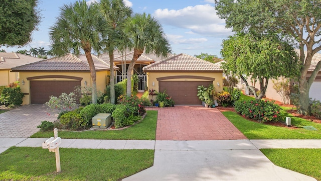 mediterranean / spanish house with a garage and a front lawn