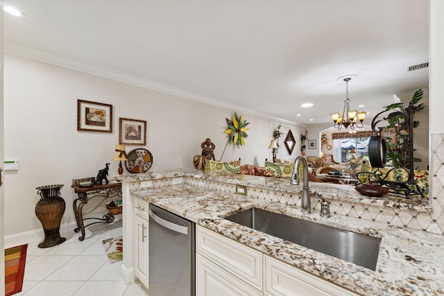 kitchen featuring crown molding, dishwasher, sink, and light tile patterned floors