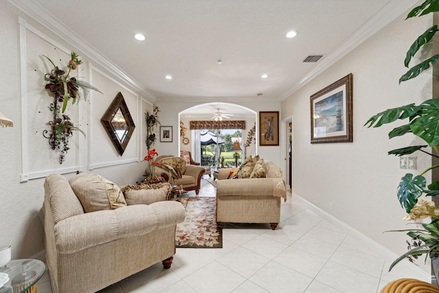 tiled living room with crown molding