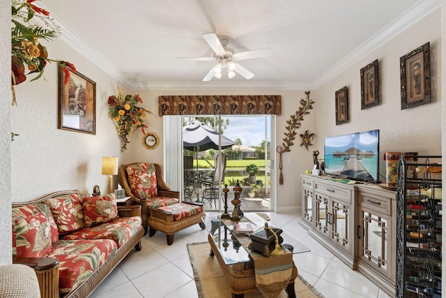 tiled living room featuring crown molding and ceiling fan