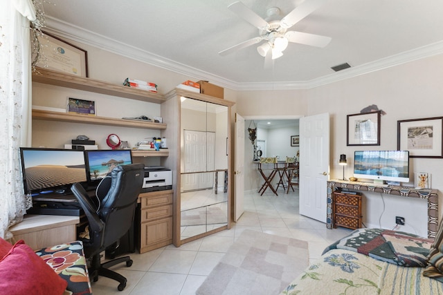 tiled office space with ornamental molding and ceiling fan