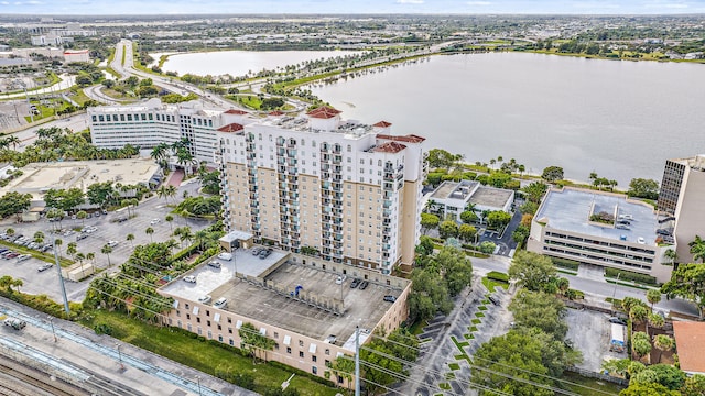 bird's eye view with a water view