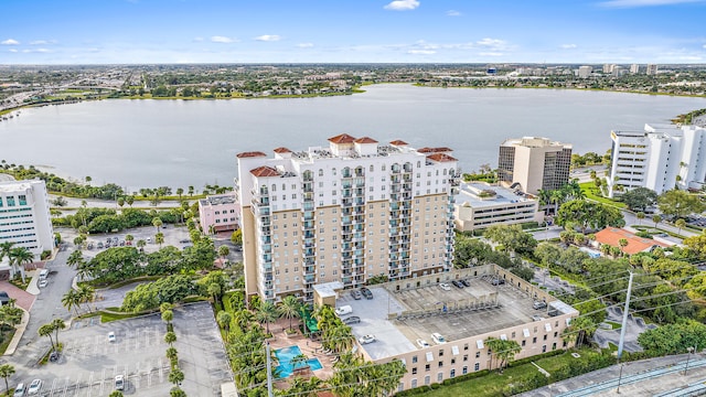 birds eye view of property featuring a water view