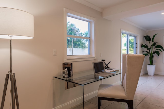 home office with crown molding and light tile patterned floors