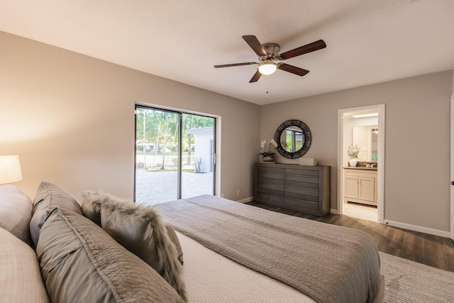 bedroom with access to outside, ceiling fan, ensuite bathroom, and wood-type flooring