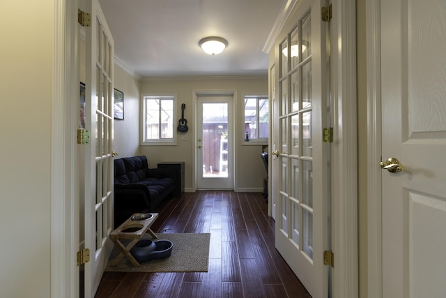 doorway to outside with dark wood-type flooring, ornamental molding, and french doors