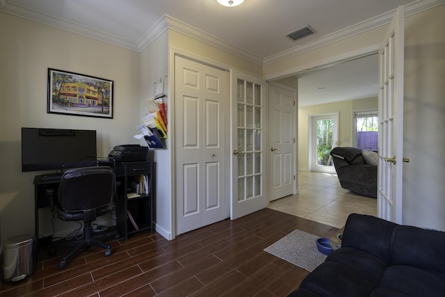 office space featuring french doors and crown molding