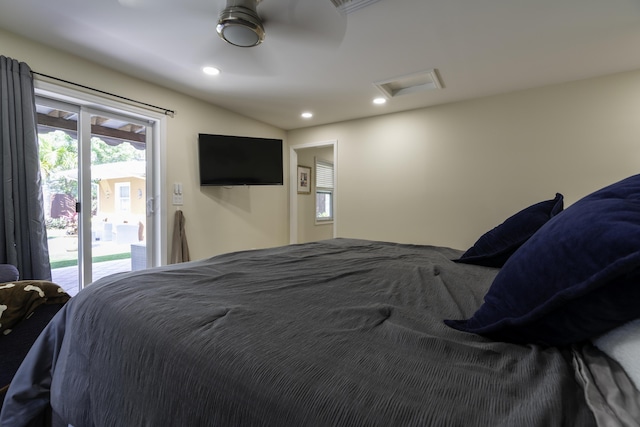 bedroom featuring access to exterior and ceiling fan