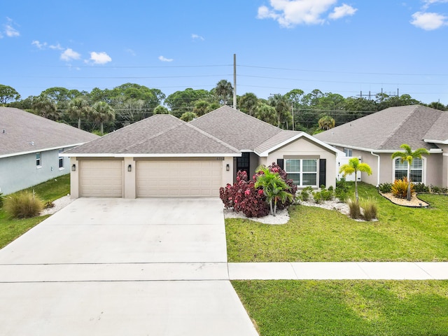 ranch-style house featuring a garage and a front yard