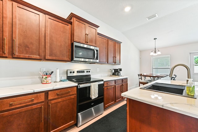 kitchen with light stone counters, stainless steel appliances, sink, an inviting chandelier, and lofted ceiling