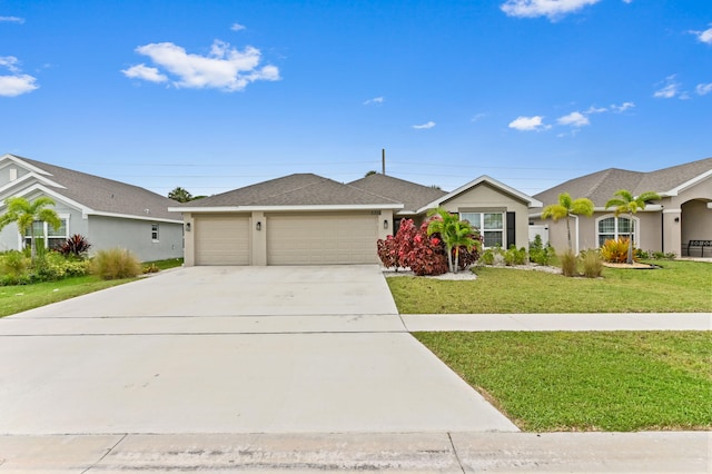 ranch-style house with a front yard and a garage