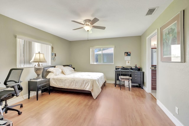 bedroom featuring ceiling fan and light hardwood / wood-style floors