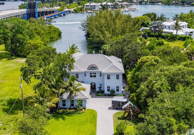 drone / aerial view featuring a water view