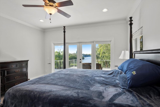 bedroom featuring ceiling fan, french doors, crown molding, access to outside, and a water view