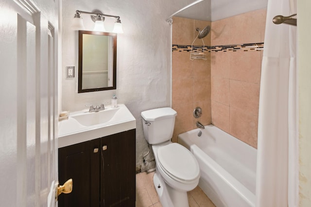 full bathroom with toilet, tile patterned flooring, shower / bath combination with curtain, and vanity