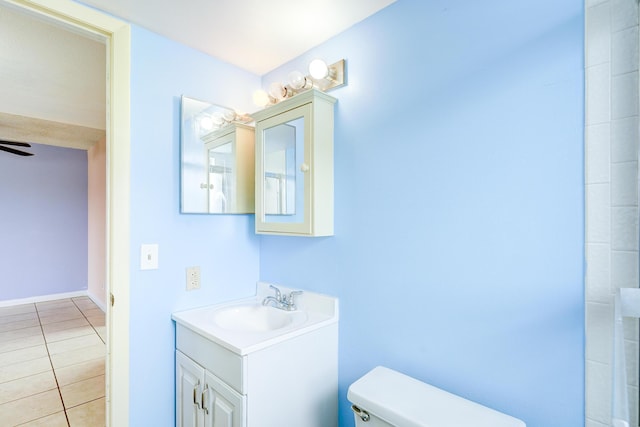 bathroom featuring tile patterned flooring, vanity, ceiling fan, and toilet