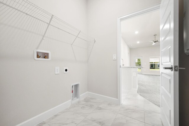 clothes washing area with electric dryer hookup, ceiling fan, and washer hookup