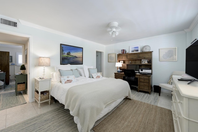 tiled bedroom with crown molding