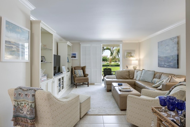 living room featuring light tile patterned floors and crown molding