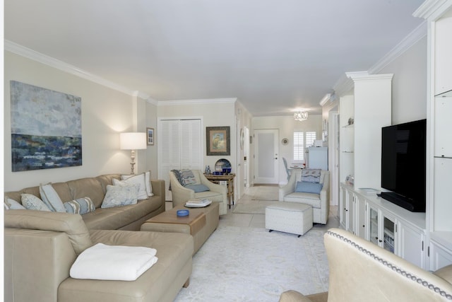 tiled living room featuring ornamental molding