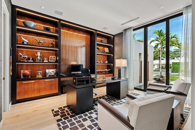 office with expansive windows, built in shelves, and light wood finished floors