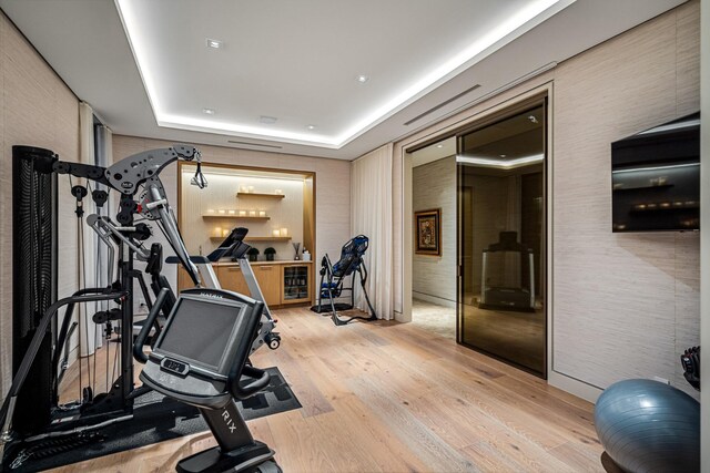 workout room featuring a raised ceiling and light hardwood / wood-style floors