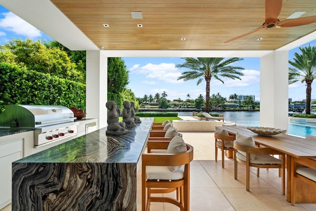 view of patio / terrace featuring an outdoor kitchen, a water view, and grilling area