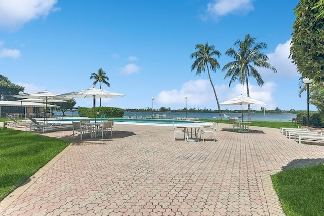 view of pool featuring a patio area and a water view