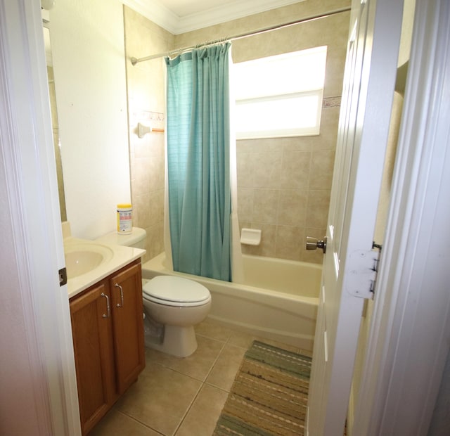 full bathroom with shower / tub combo with curtain, vanity, tile patterned floors, ornamental molding, and toilet