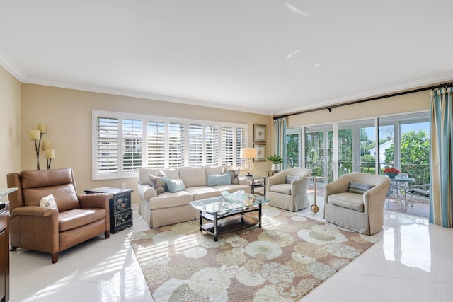 tiled living room featuring a wealth of natural light and crown molding