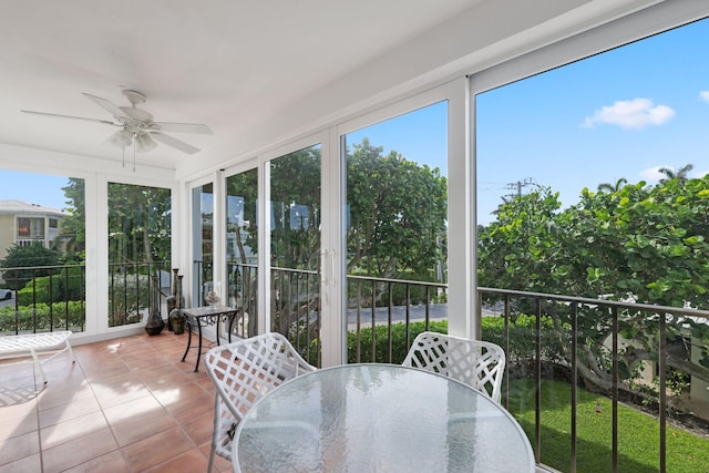 sunroom / solarium with ceiling fan and a healthy amount of sunlight