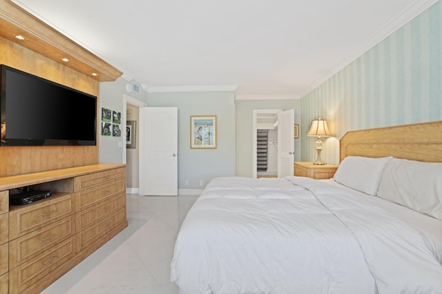 tiled bedroom featuring ornamental molding and a closet