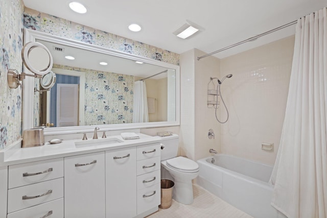 full bathroom with tile patterned floors, vanity, shower / tub combo, and toilet