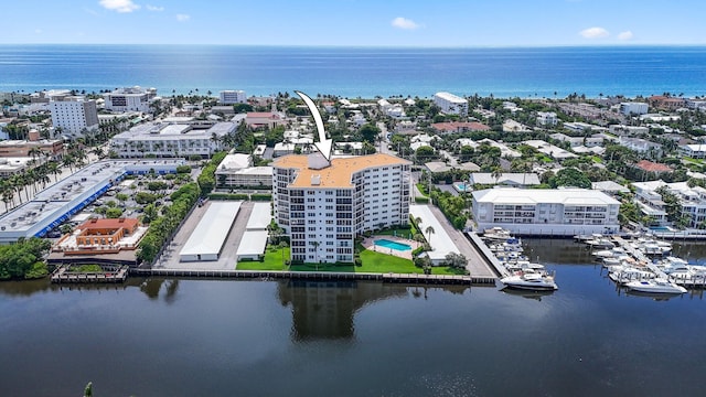 bird's eye view featuring a water view