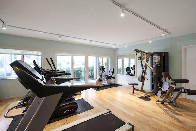 gym featuring rail lighting and light hardwood / wood-style floors