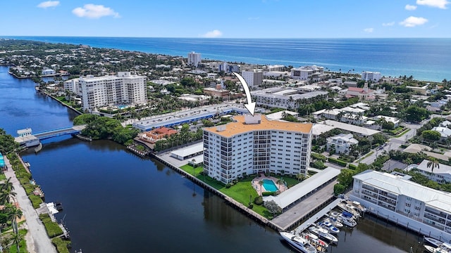 drone / aerial view featuring a water view