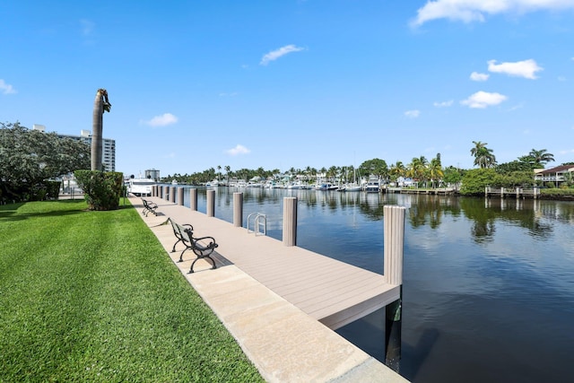 dock area with a water view and a yard