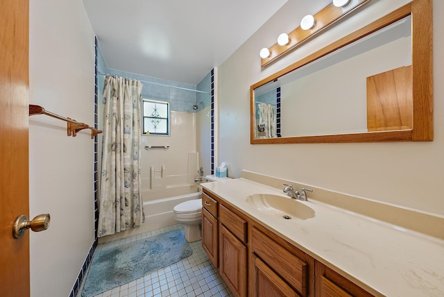 full bathroom featuring toilet, tile patterned floors, vanity, and shower / bathtub combination with curtain