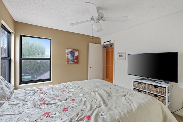 bedroom featuring ceiling fan, carpet floors, and a textured ceiling