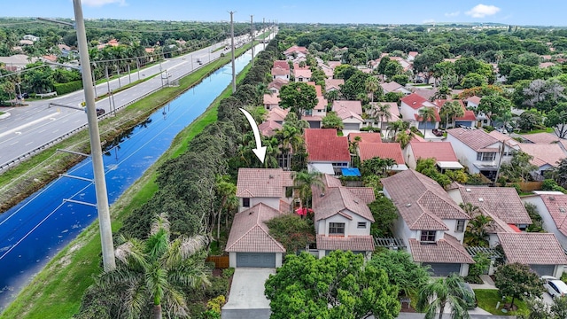 drone / aerial view featuring a water view