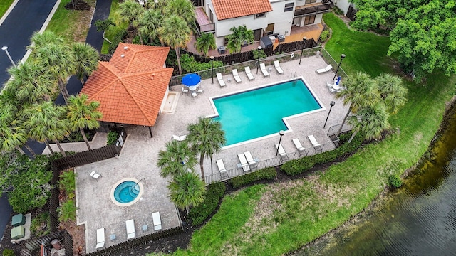 drone / aerial view with a water view