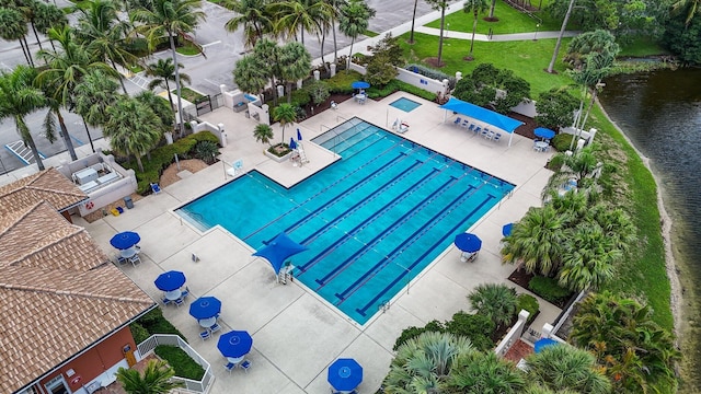 drone / aerial view featuring a water view