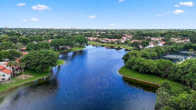 aerial view featuring a water view