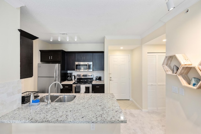 kitchen featuring rail lighting, light stone countertops, light colored carpet, appliances with stainless steel finishes, and sink