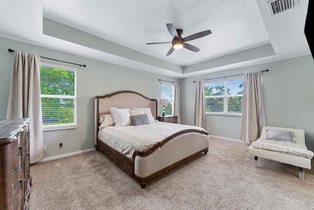 bedroom with light colored carpet, a raised ceiling, visible vents, and baseboards