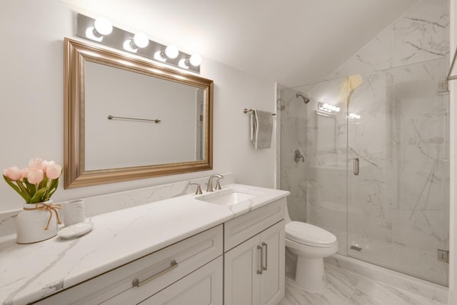 bathroom with toilet, marble finish floor, bath / shower combo with glass door, visible vents, and vanity