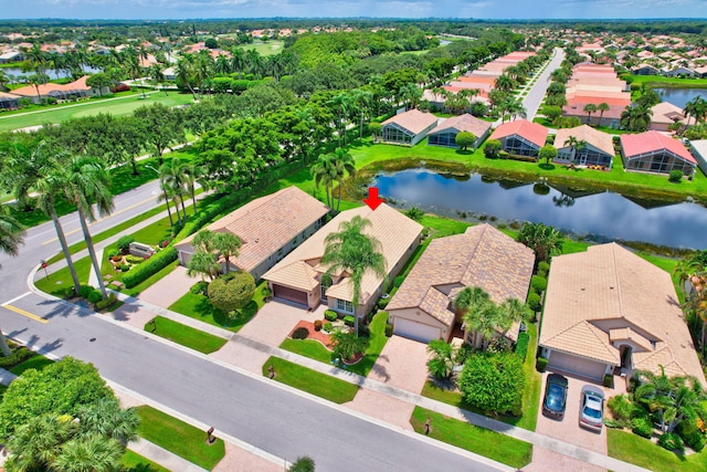 drone / aerial view featuring a water view