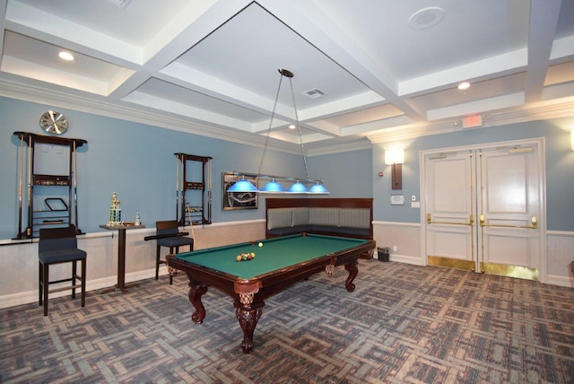 rec room featuring coffered ceiling, dark colored carpet, billiards, ornamental molding, and beamed ceiling