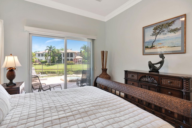 bedroom with access to outside and ornamental molding