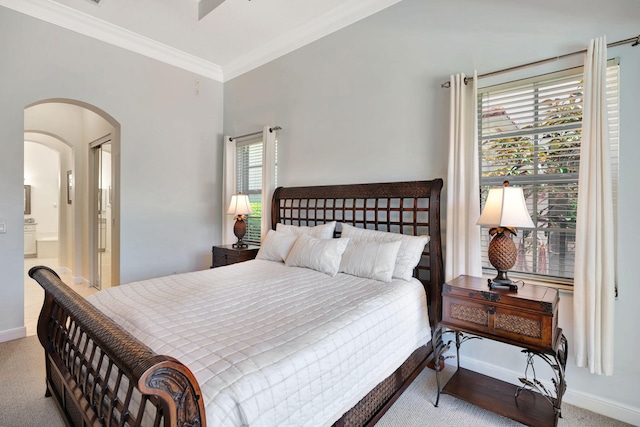 carpeted bedroom featuring ensuite bath and crown molding